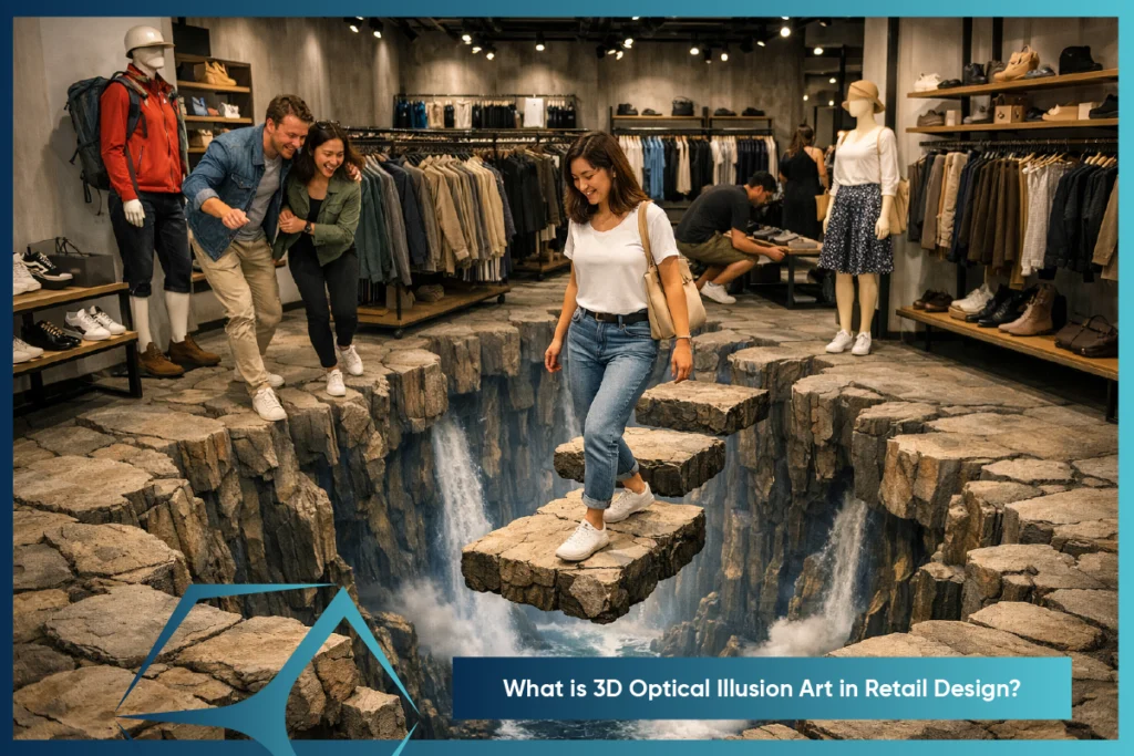 TVS Cube 3D optical illusion art used in modern retail design and immersive customer experiences.