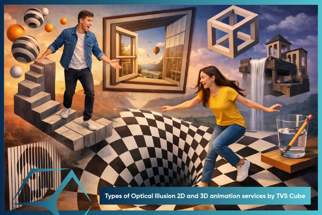 TVS Cube optical illusion 2D and 3D animation services for creative visual storytelling and brand engagement.