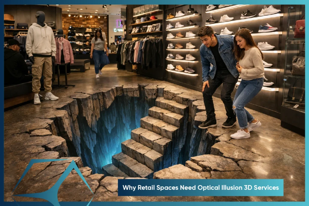 Optical illusion 3D services helping retail spaces improve customer engagement and visual experiences by TVS Cube